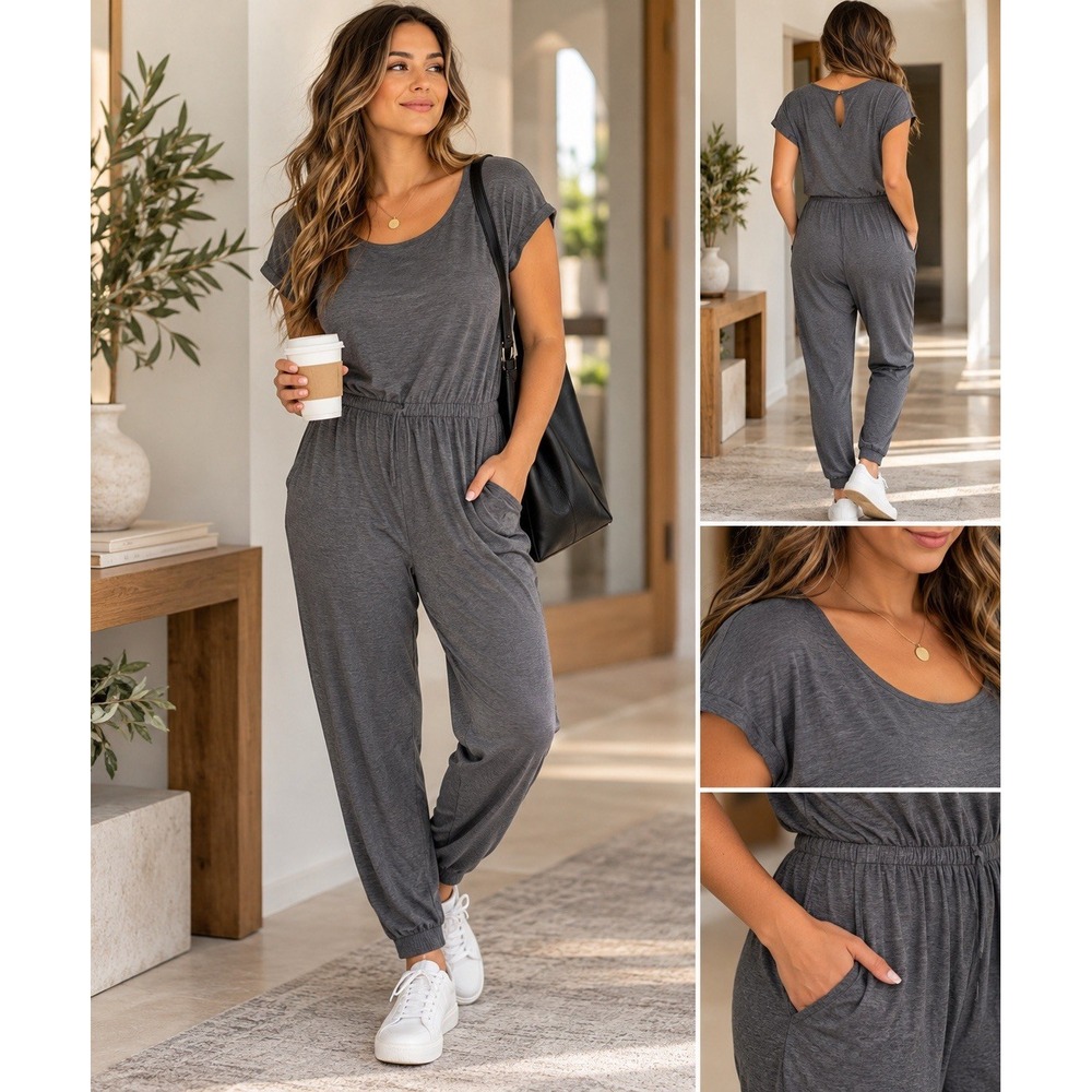 NWT Women's Gray Lounge Jumpsuit Short Sleeve Relaxed Fit Pockets Travel Casual